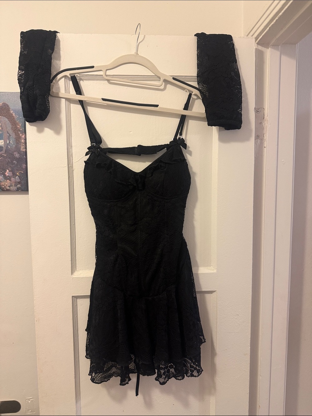 Black Lace Fit & Flare Dress with Adjustable Straps with Gloves.